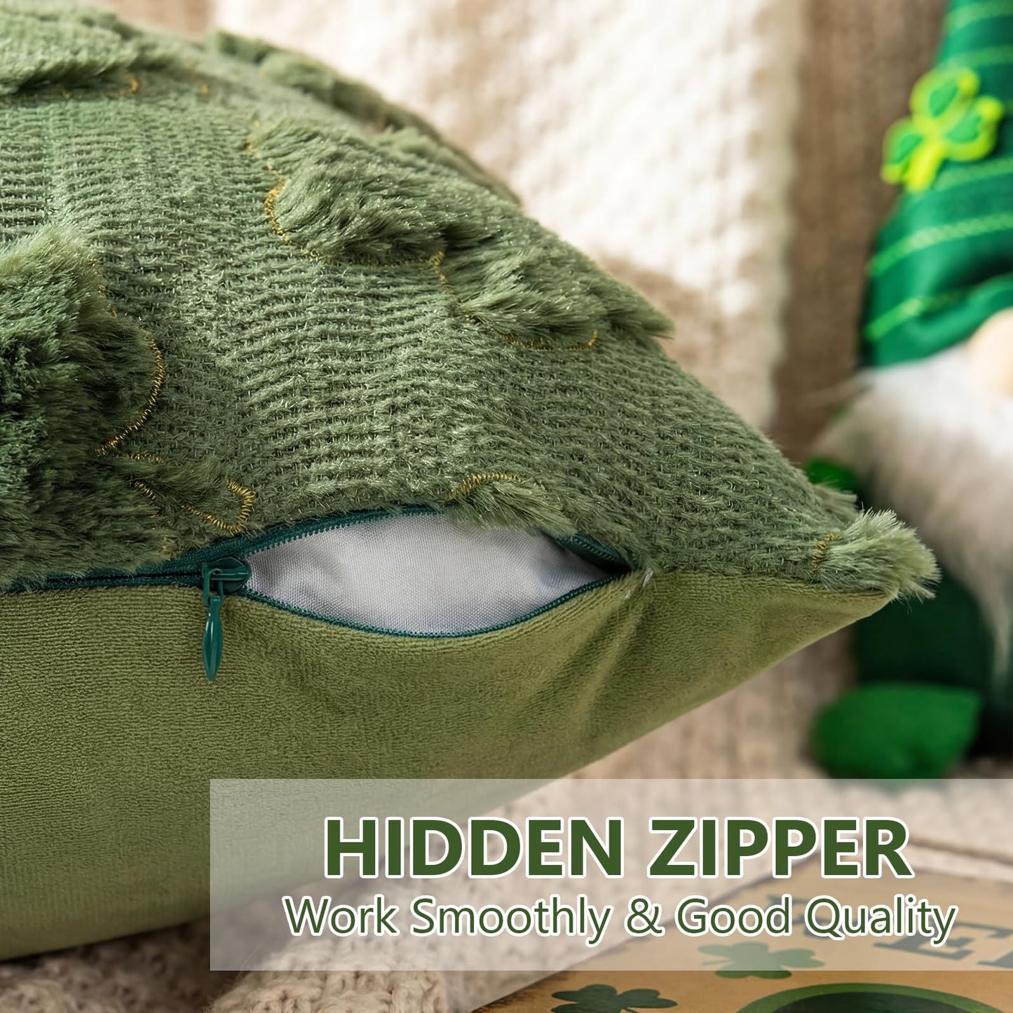 Emvency St Patricks Day Throw Pillow Covers 18x18 Set of 2, Sage Green Shamrock Golden Decorative Pillow Cases Soft Plush Faux Fur Wool Couch Cushion Case for Couch Bed Sofa Living Room Home Decor