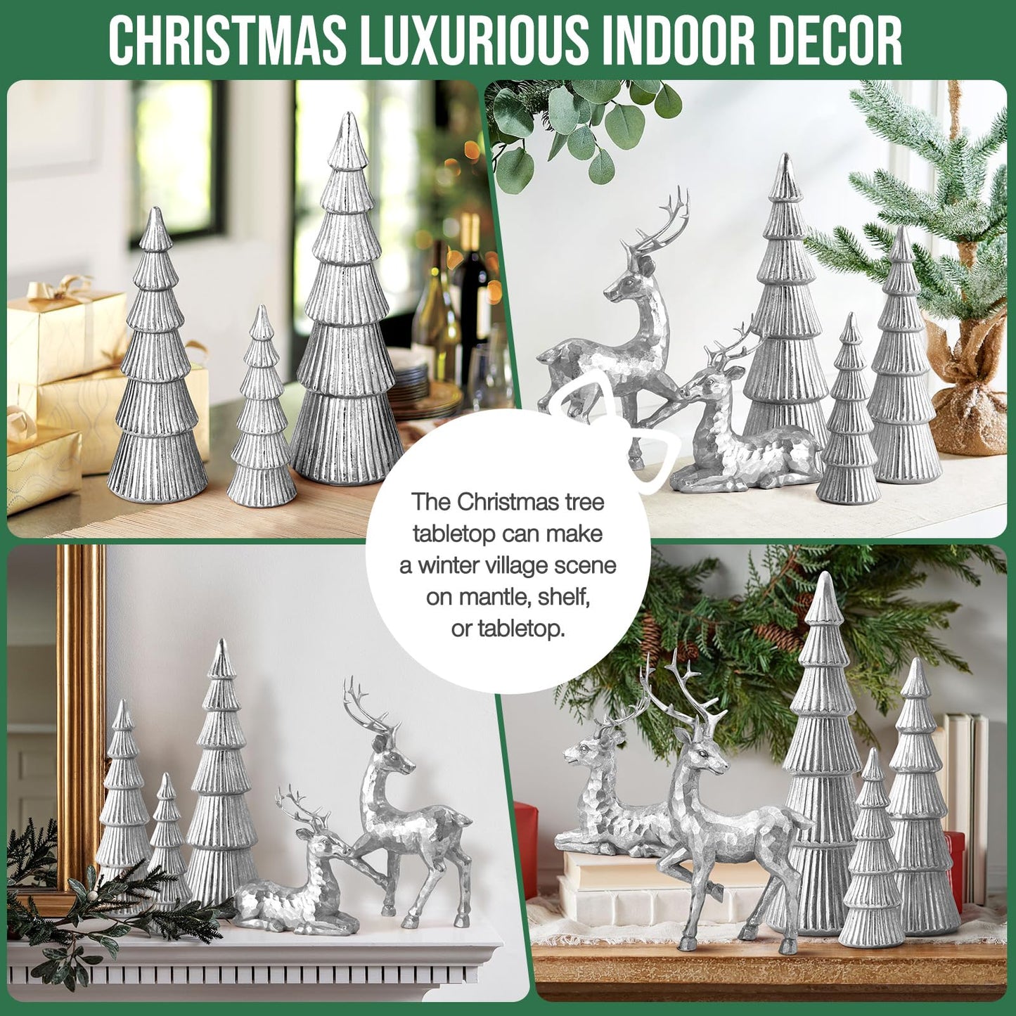 Hommtina Reindeer Christmas Decoration and Mini Christmas Trees,Christmas Reindeer Statues Lucky Reindeer Decor for Indoor Home Decor Tabletop Mantle Cabinet Desktop Office (Bright Silver)