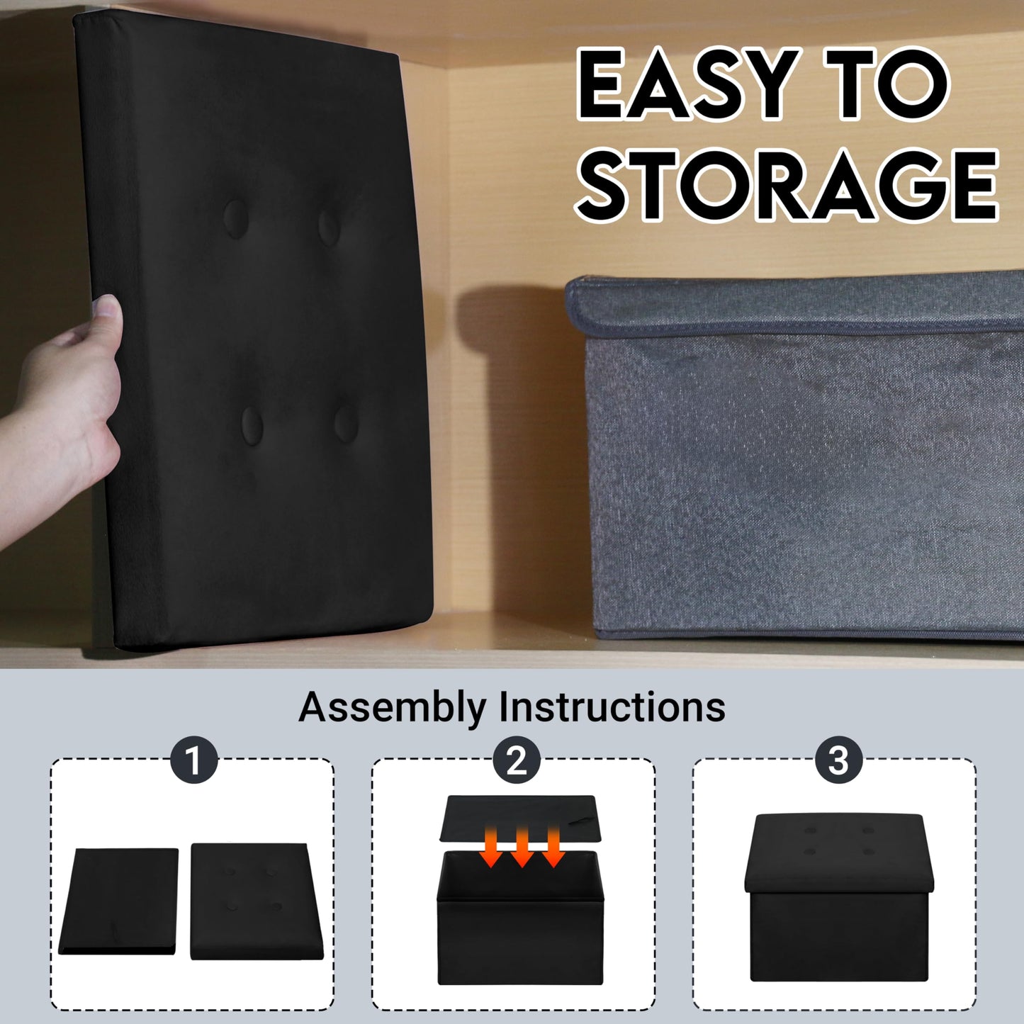 Zoes Homeware Small Storage Ottoman Foot Rest, Velvet Ottoman with Storage and Side Pocket, Black Foot Rest for Couch, Foldable Footstool for Chair, Living Room&Dorm, 16"x12"x12"