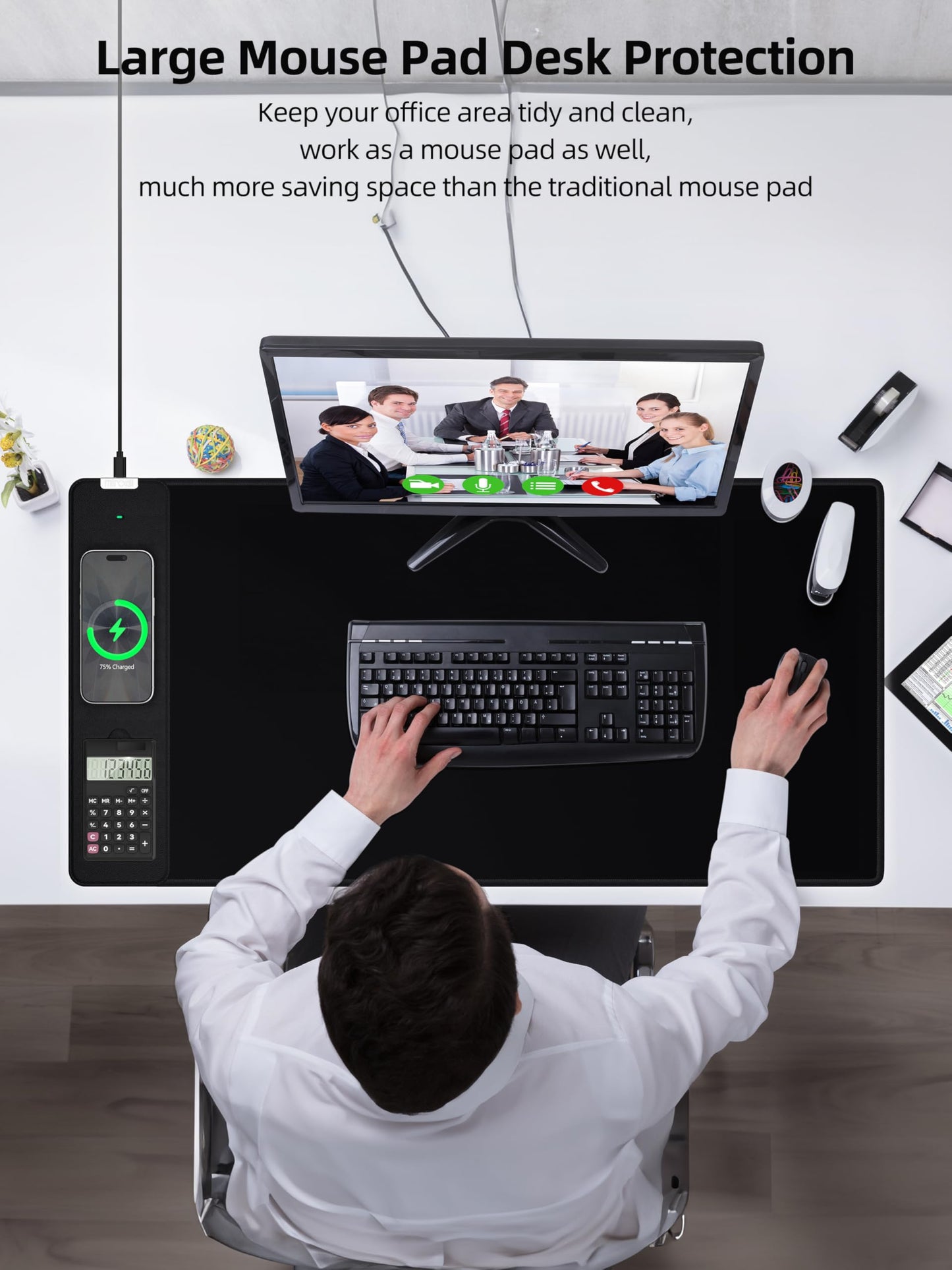 Mouse Pad 31.5x15.75 Inch with Calculator, 15W Magnetic Wireless Charging Desk Mat, XXL Desk Pad, Home Office Large Keyboard Pad with Ultra-Smooth Surface, Non-Slip Base (Black with 20W PD Charger)