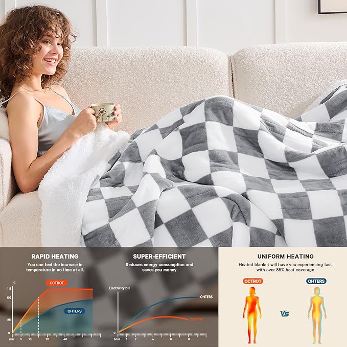 Heated Electric Blanket Twin Size, 62X84 Heating Blanket with 10 Heat Level & 8 Hours Auto Off, Light Gray Checkered Plaid Soft Fleece Sherpa Blankets Warmer Gifts for Couch Grandma Women Adults