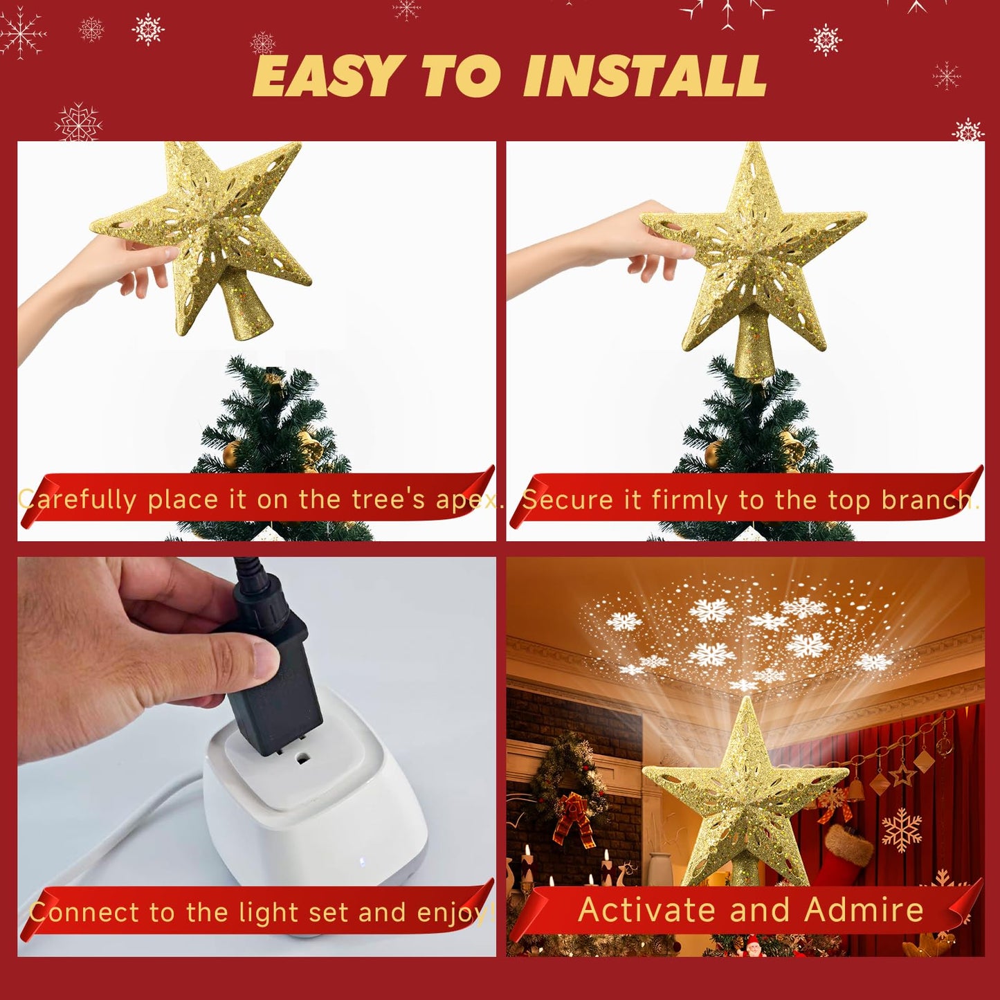 Christmas Tree Topper Lighted Star,3D Hollow Sparkling Star Christmas Tree Topper with 6 Patterns Rotating Magic Cool White Snowflake Projector, Plug in Gold Tree Topper for Tree Ornament