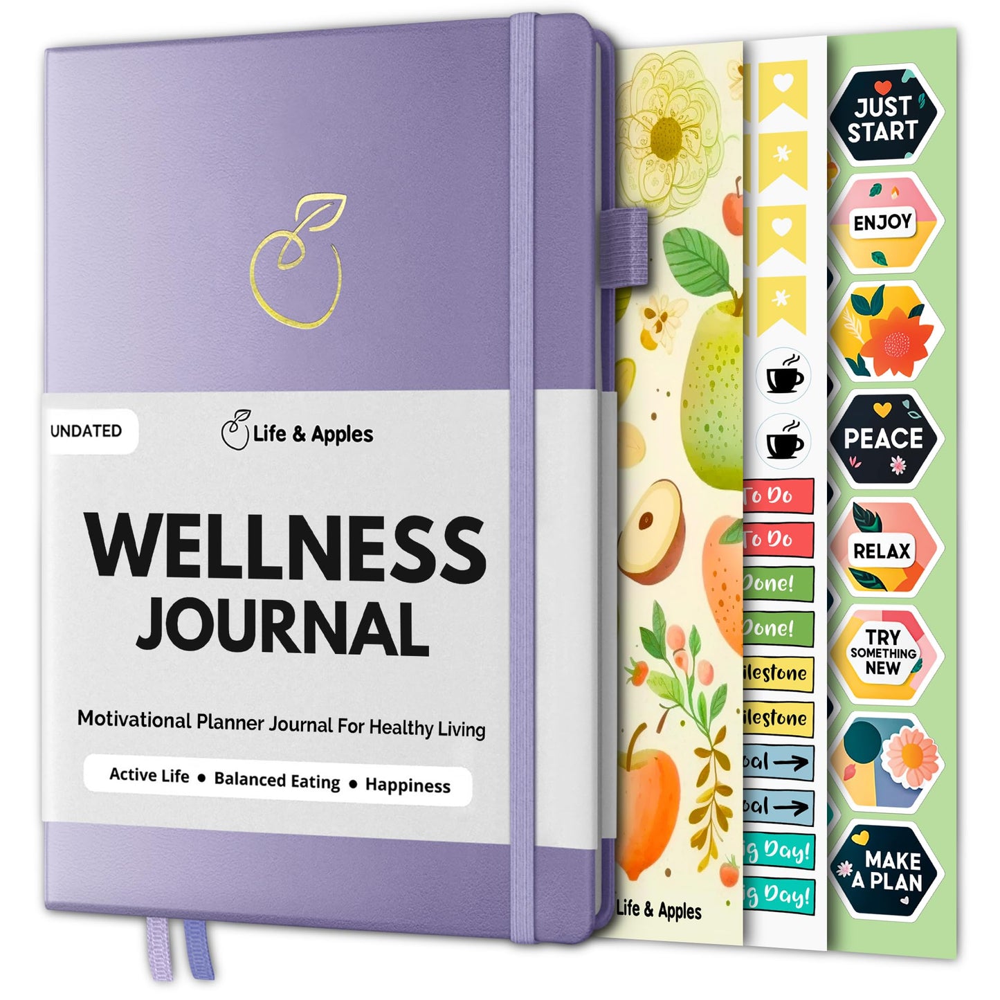 Life & Apples Daily Wellness Journal - Guided Journal & Planner for Wellbeing, Gratitude & Healthy Routines | Food & Fitness Journal, Habit Tracker, Weight Loss Diary | Undated A5 Lavender