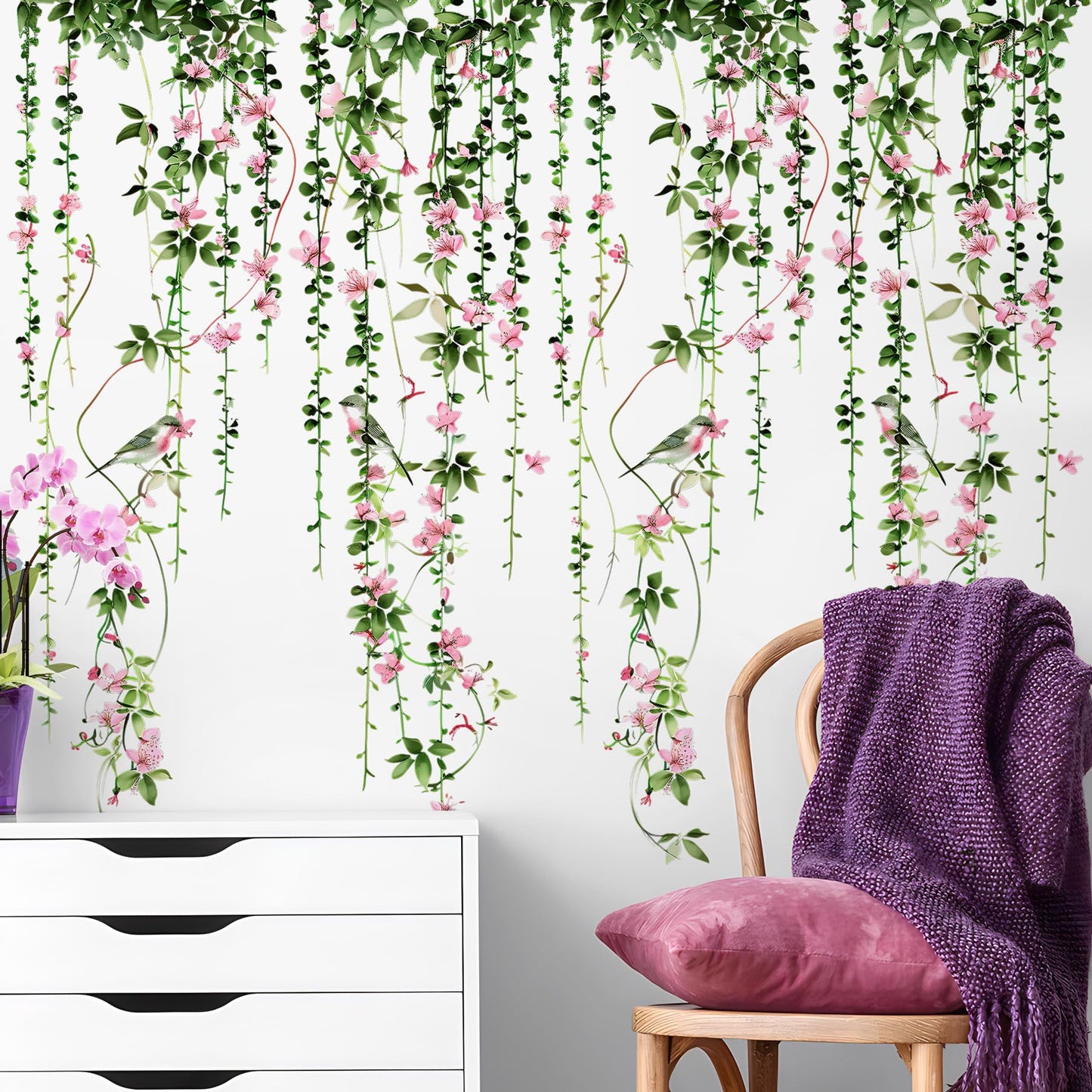 4 Sheets Hanging Vines with Flowers Wall Decals Green Plant Leaves Wall Stickers Pink Cherry Blossom Vine Wall Art Hanging Flower Tree Branches Bird Wall Murals for Kids Bedroom Nursery Decoration 20