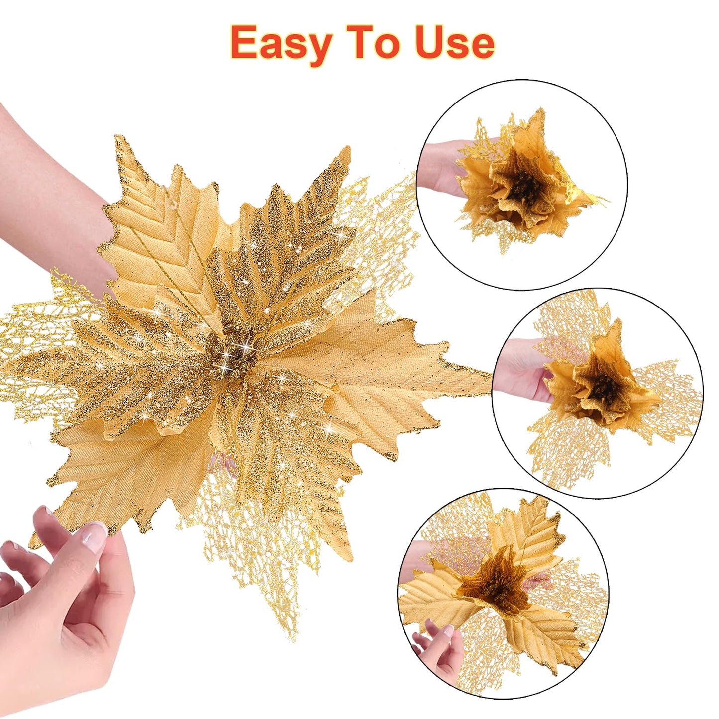 10'' Large Christmas Glitter Poinsettia Flowers Decorations, stadeco 10 Pcs Christmas Tree Picks Ornaments Artificial Flowers with Long Stems for Xmas Tree Wreath Garland Wedding Party DIY Decor