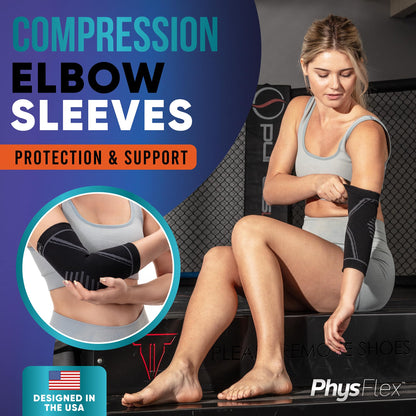 PhysFlex Elbow Brace 2 Pack for Tennis & Golfer's Elbow Pain Relief - Elbow Compression Sleeve for Weightlifting, Workout, Fitness, Arthritis, Bursitis - Tendonitis Elbow Brace for Men & Women