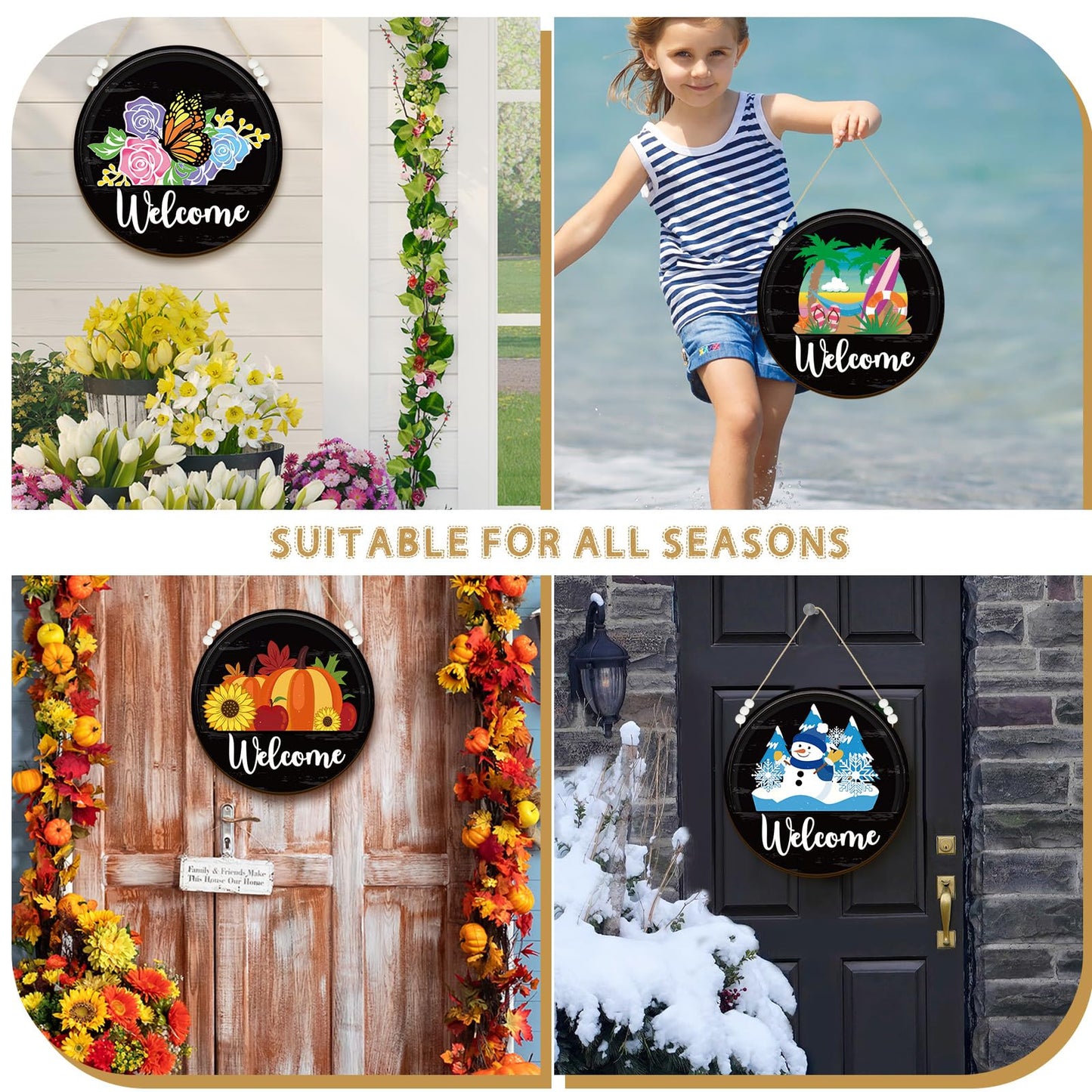 Sintuff 16 Pcs 12 Inch Interchangeable Welcome Sign for Front Door Wood Seasonal Magnetic Icon Holiday Wreath Decor Rustic Hanging Sign for Patriotic Summer Home Warming Gift(White Word, Black Back)
