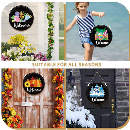 Sintuff 16 Pcs 12 Inch Interchangeable Welcome Sign for Front Door Wood Seasonal Magnetic Icon Holiday Wreath Decor Rustic Hanging Sign for Patriotic Summer Home Warming Gift(White Word, Black Back)