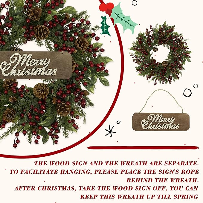 YNYLCHMX 20 Inch Winter Wreath for Front Door, Winter Wreath with Welcome Sign Pine Needle Pine Cone Red Berry, Artificial Door Wreaths for Window Farmhouse Holiday Party Decoration