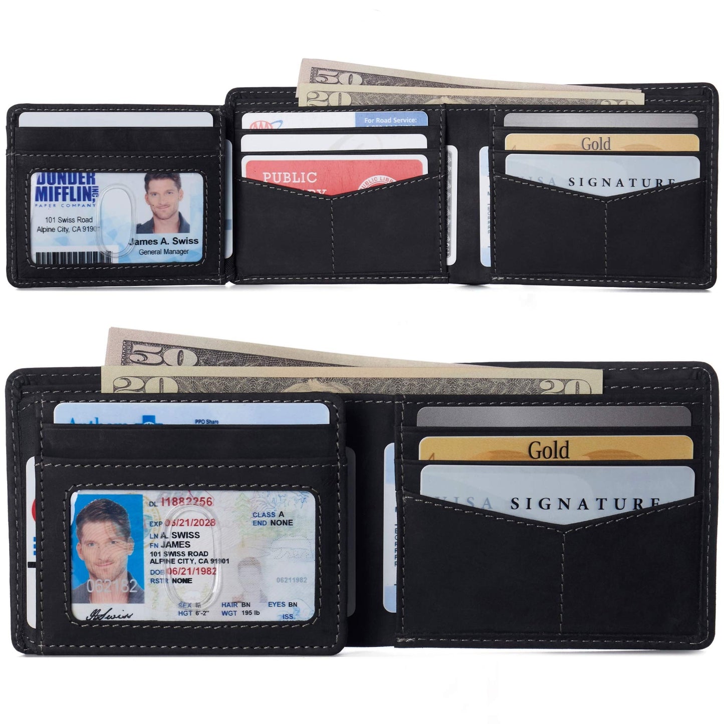 Alpine Swiss Mens Wallet for Men | RFID Protected Leather Mens Wallet | Spencer Bifold with Divided Bill Section | Gift Box | 2 ID Windows | 14 Card & Storage Pockets for Organization Nubuck Black