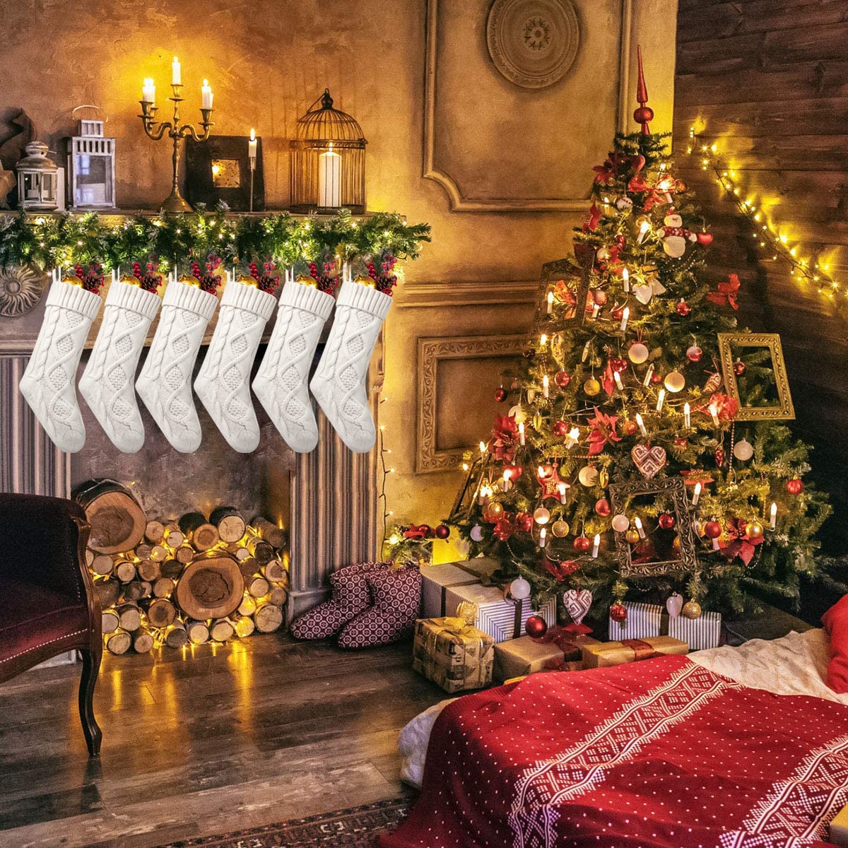 Fesciory Christmas Stockings, 6 Pack 18" Large Knit Stocking & Decor for Family Holiday Xmas Party Gift, Ivory White