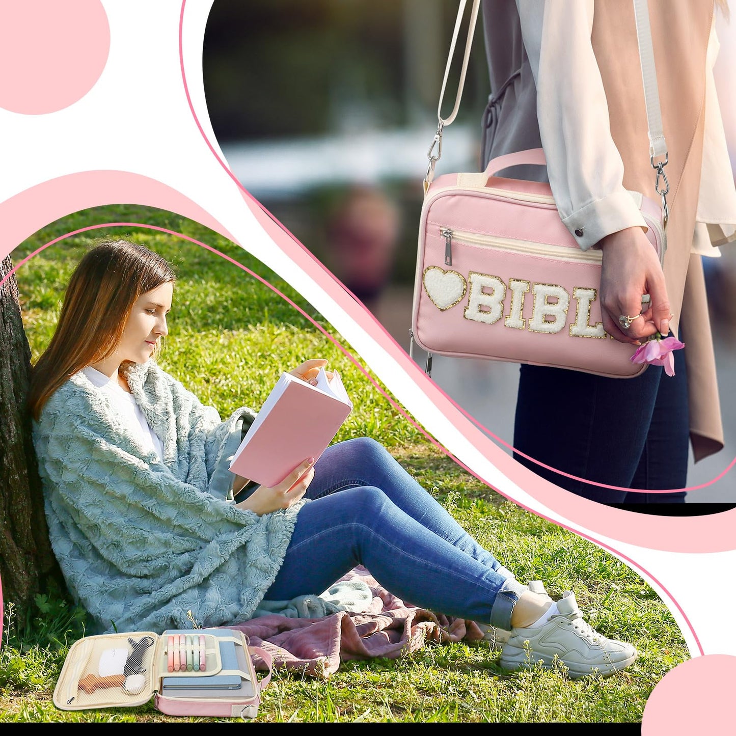 Silkfly Pink Bible Cover Case for Women Preppy Large Chenille Letter Church Bag with Shoulder Strap and Handle Waterproof Christian Tote Bag for Bible Study Accessories Christian Easter Gifts
