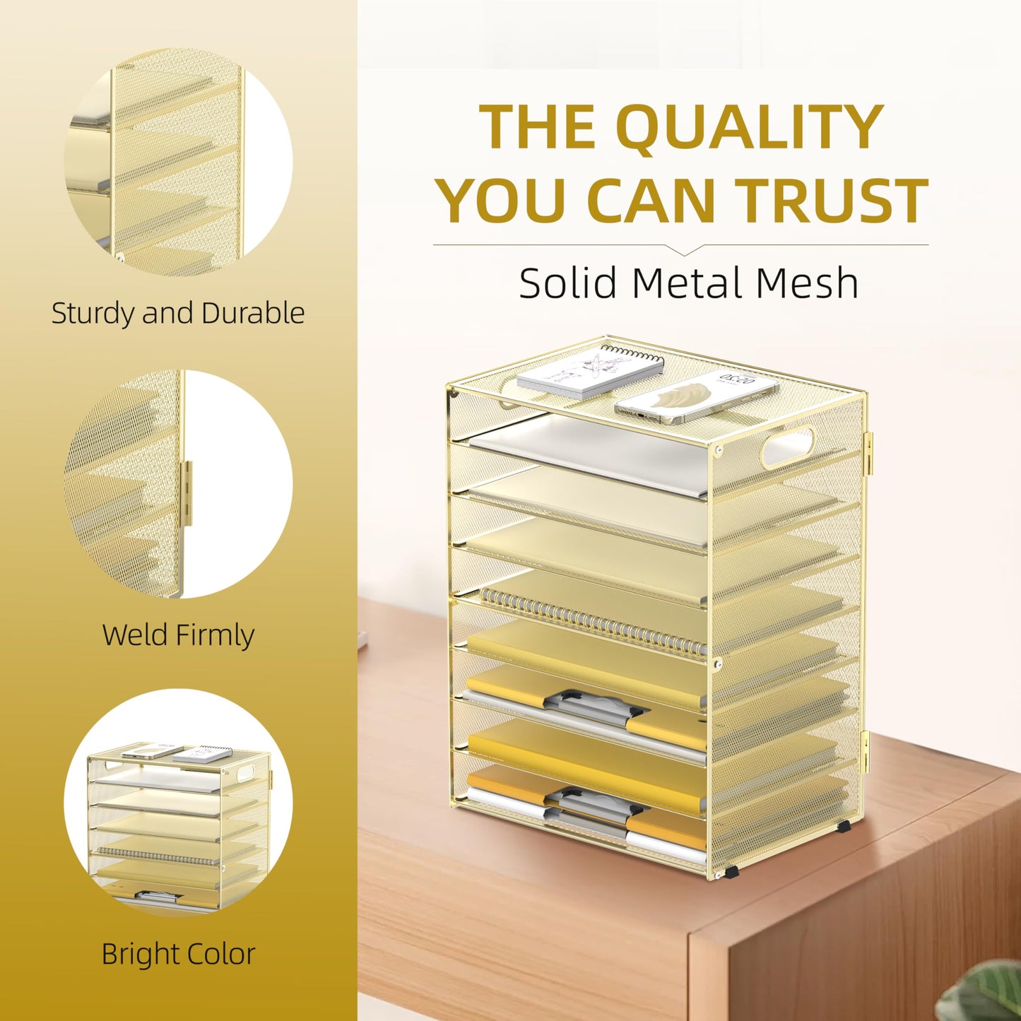 DALTACK 9-Tier Paper Organizer for Desk, Mesh Letter Tray Desk Organizer with Handles, Space-Saving File Organizer for Office Home School, Gold