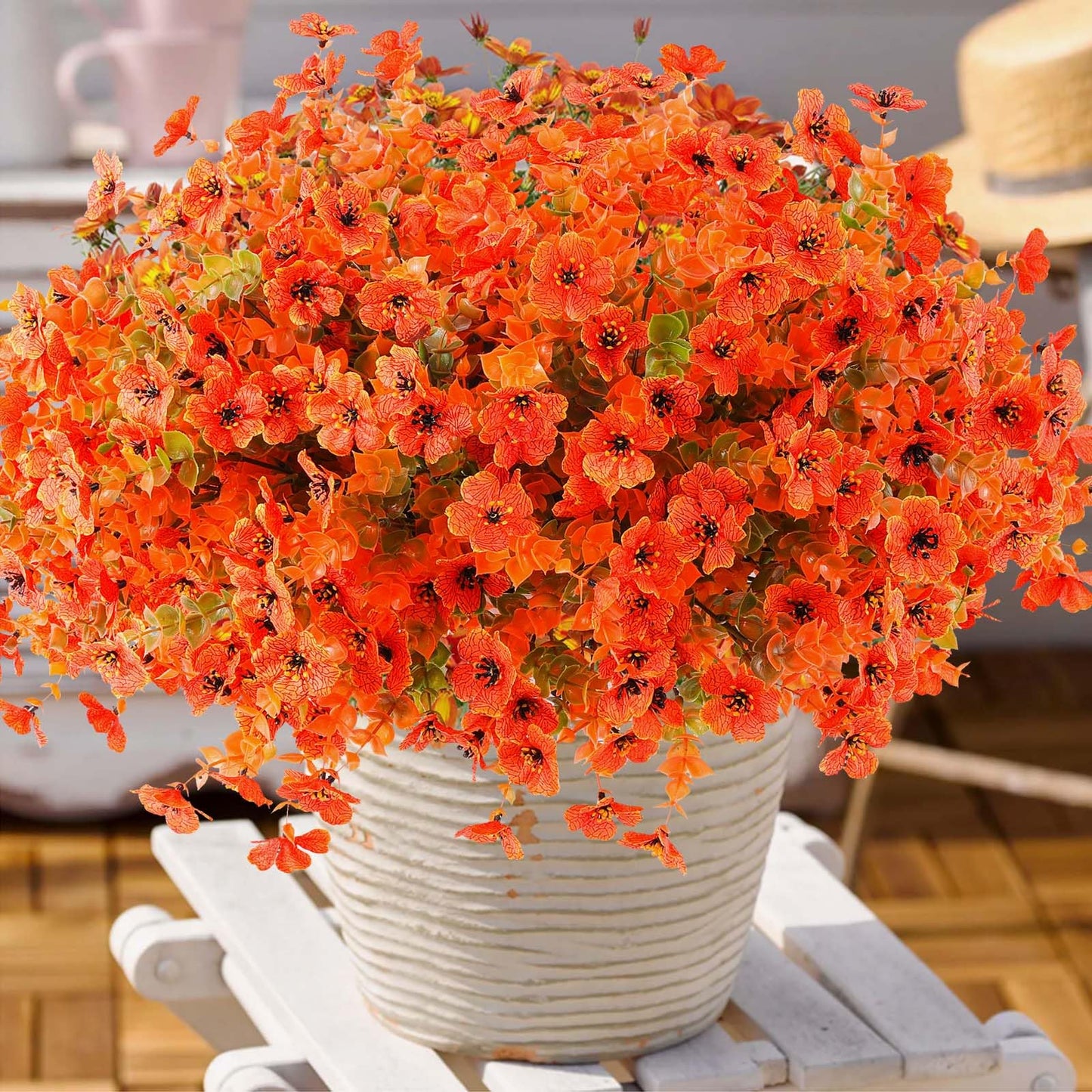 Rowfad 18 Pcs Artificial Mums Flowers Outdoor Plastic Fall Flowers Fake Mums Autumn Greenery Flower for Porch Window Box Farmhouse Thanksgiving Home Decor ((18, Orange)