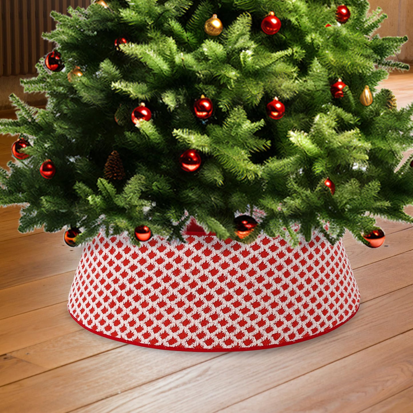 Garvee ﻿33 Inch Christmas Tree Collar Holiday Party Decoration, Diamond-Grid Design Plush Christmas Tree Skirt with 2 Matching Clips, Holiday Home Decor Stand Base Cover, Red
