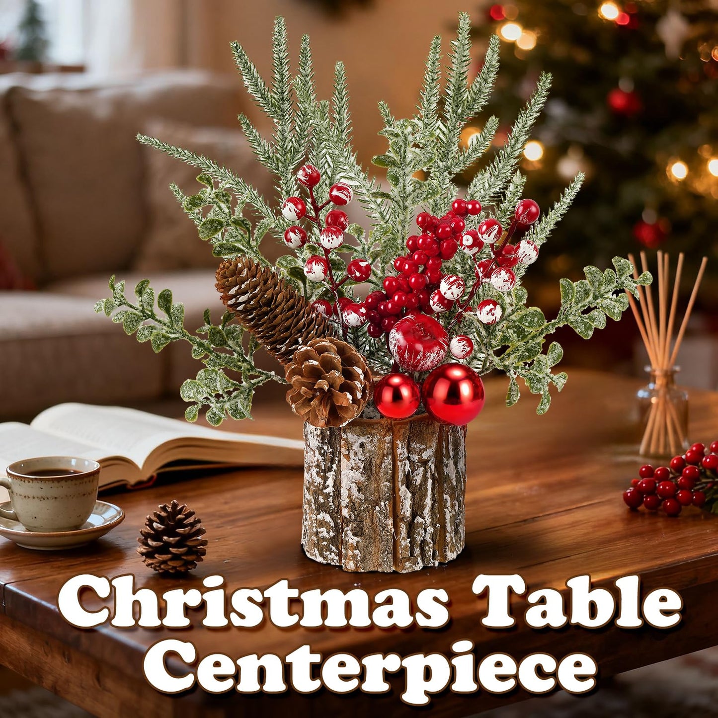 Shaxcoq Christmas Centerpieces for Tables – Tabletop Christmas Decorations with Pine, Cones & Berries – Indoor Holiday Decors for Home, Office, Kitchen or Fireplace Mantel