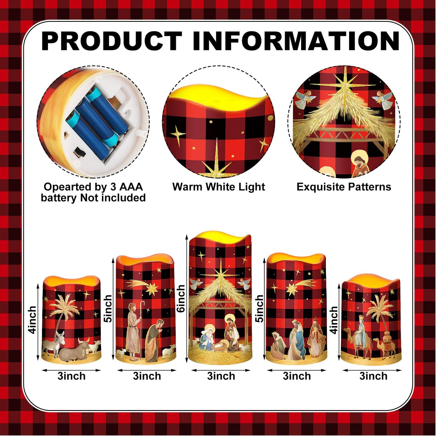 Glooglitter 5 Pcs Buffalo Plaid Nativity Scene Candles Flameless Christmas LED Pillar Jesus Religion Candles Battery Operated with Timer Remote for Xmas Christian Holiday Table Home Decor Church Party