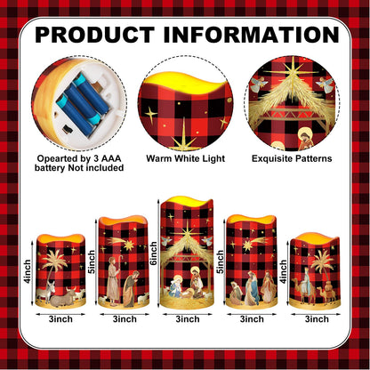 Glooglitter 5 Pcs Buffalo Plaid Nativity Scene Candles Flameless Christmas LED Pillar Jesus Religion Candles Battery Operated with Timer Remote for Xmas Christian Holiday Table Home Decor Church Party