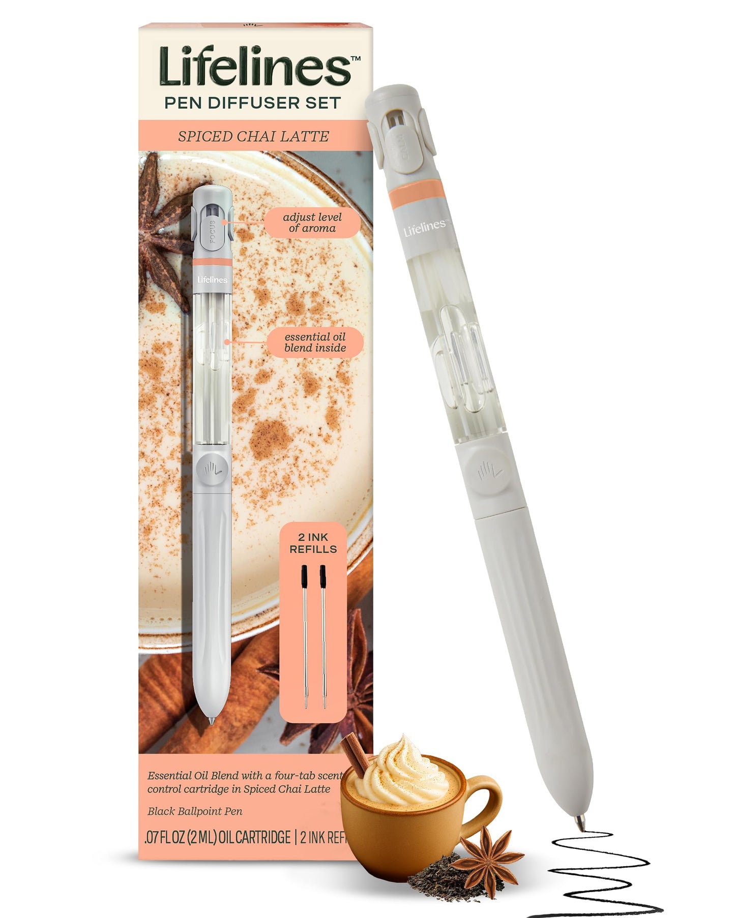 Lifelines Pen Diffuser Set, Spiced Chai Latte - 1mm Black Ballpoint Pen with Scented Essential Oil Blend & 2 Ink Refills – Aromatherapy Diffuser & Sensory Immersion Diffuse Aroma As You Write