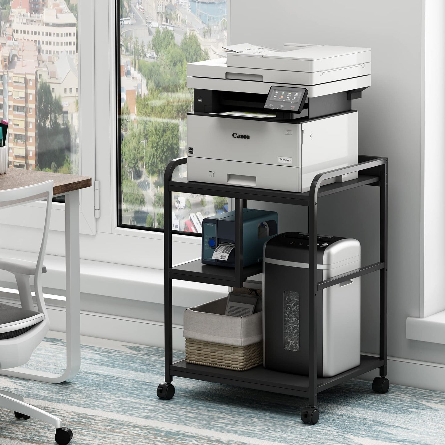 Fannova Printer Stand with Storage Shelf for Home Office Organization, 22 x 18 Inch Large Printer Table with Wheels, Shredder Stand, CPU Stand, Rolling Cart for Host Computer, PC Tower, Desktop- Black