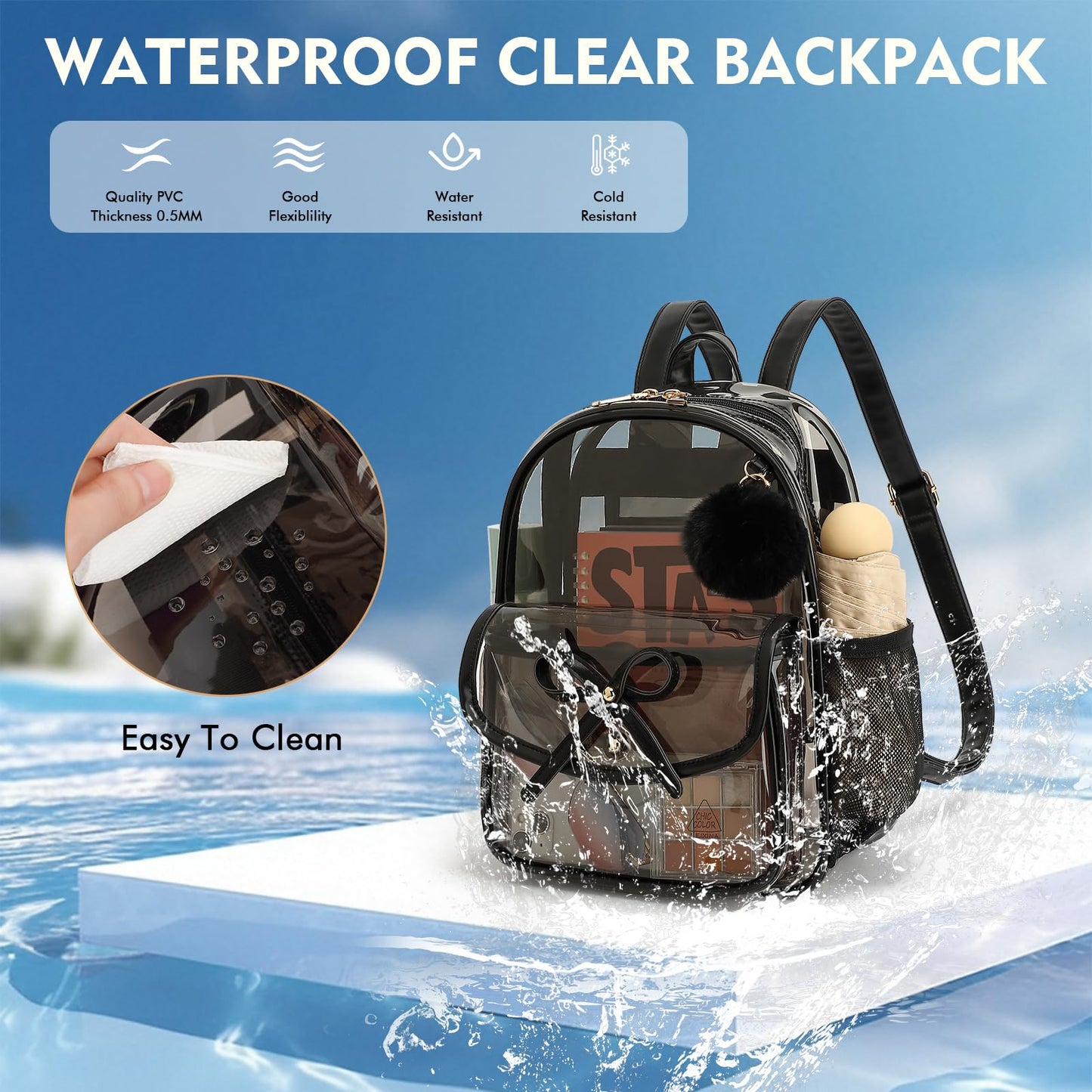 ASKSKY Clear Backpack for Stadium Events 12x12x6, Thick PVC Small Clear Bag with Leather Trim Fashion Women Backpack for Concerts, Sports, Festivals, Work, Travel-Black