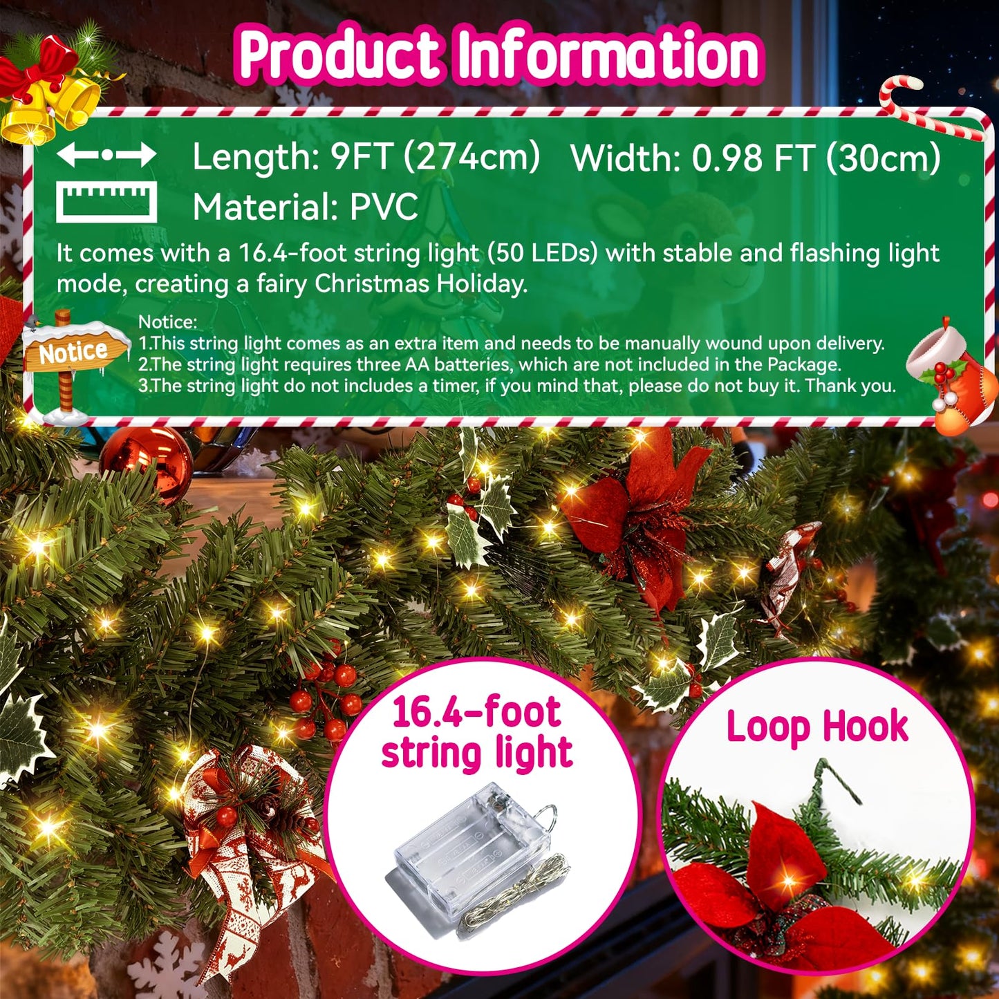 9 FT Christmas Garland with String Light (Individually Packaged), Red Berries, Pinecones, Three-Leafed Berry, Unique Red Flower and Bowknot, Perfect for Decorating Mantel, Staircase, Doorway