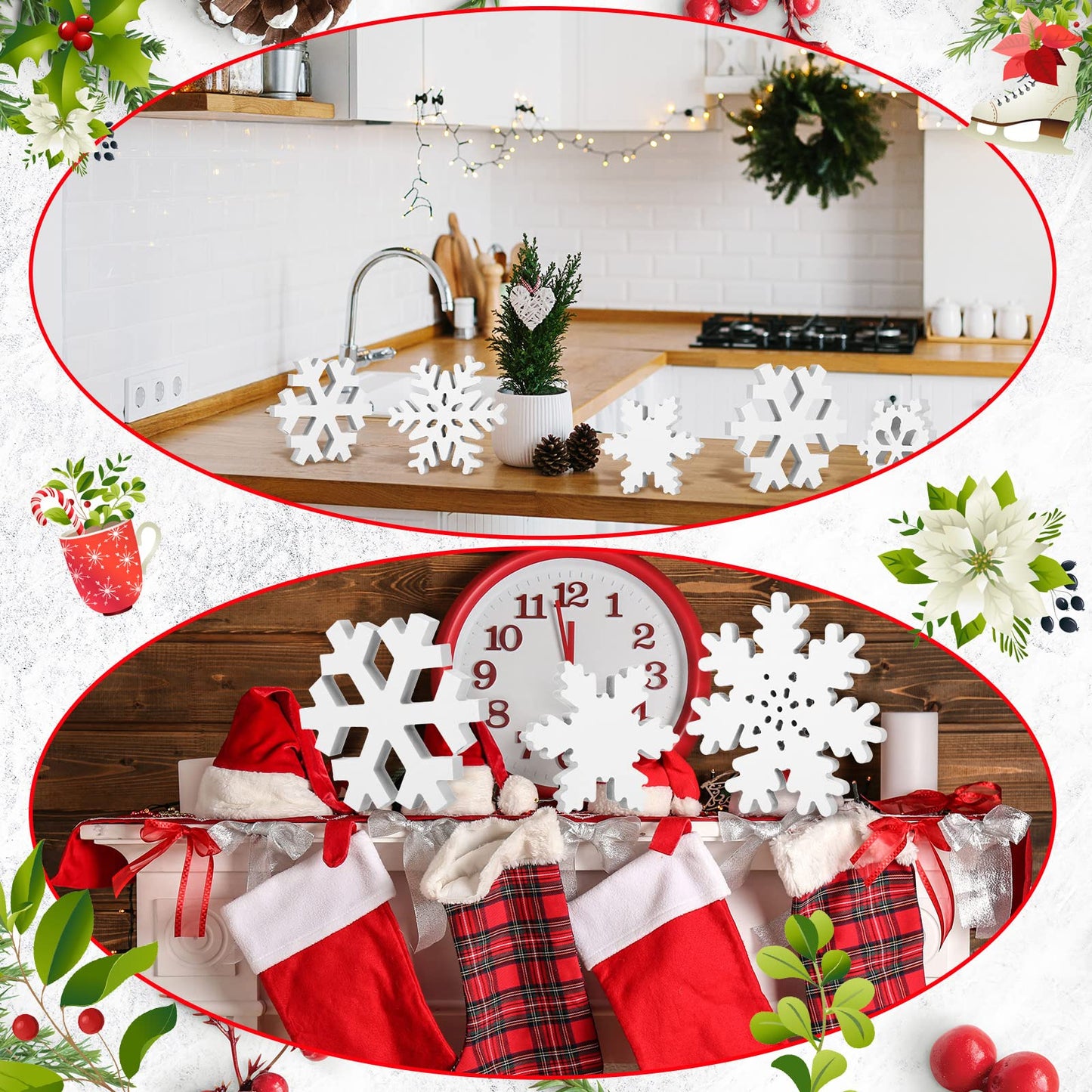 Kajaia 9 Pcs Winter Wooden Snowflake Table Decorations White 3D Snowflake Tabletop Centerpieces Winter Standing Sign Xmas Tiered Tray Decor for Home Fireplace Mantel Party Supplies