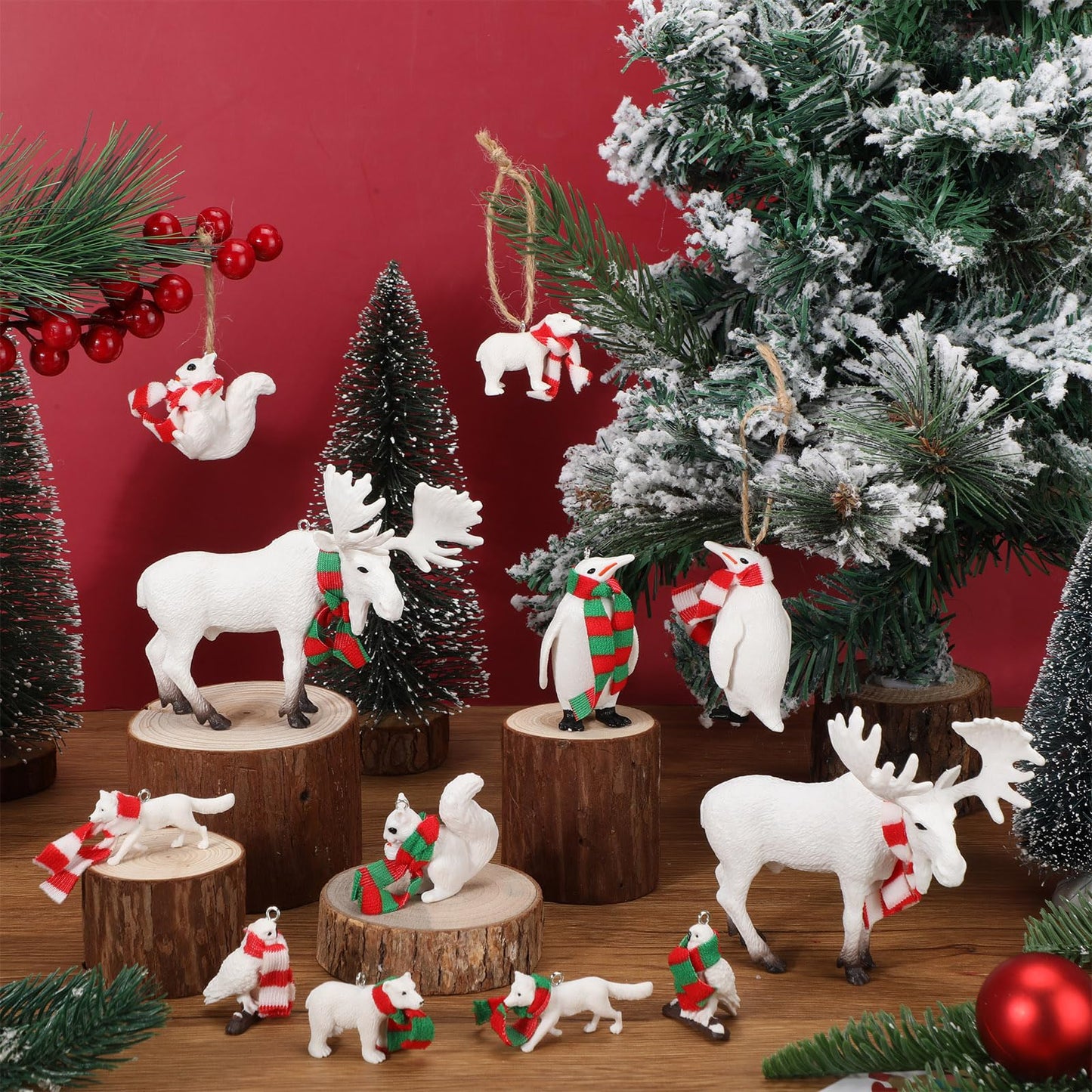 Blosssound 12 Pcs Christmas Polar Animal Ornaments 3D Christmas Tree Ornaments with Mini Scarves White Winter Tree Decorations Polar Bear Fox Squirrel Owl Hanging Pendant Figurines Party Favors