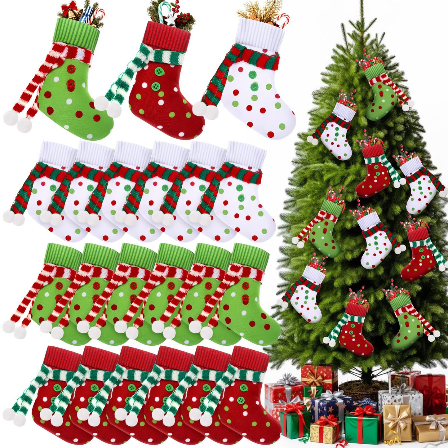 Newcotte 36 Pcs Mini Christmas Stocking Elf Xmas Hanging Stockings Red White Green Christmas Decorations for Holiday Fireplace Tree Decoration Gift Present