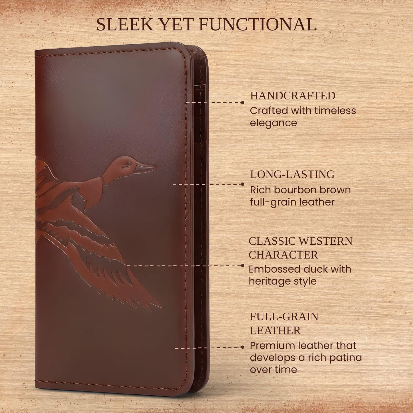 RAW HYD Full-Grain Leather Long Wallet for Men-Classic Bifold Western Wallet for Men-Minimalist Cowboy Wallets for Men-Rodeo wallets for men-Checkbook Cover & Gift for Him (Bourbon Brown)