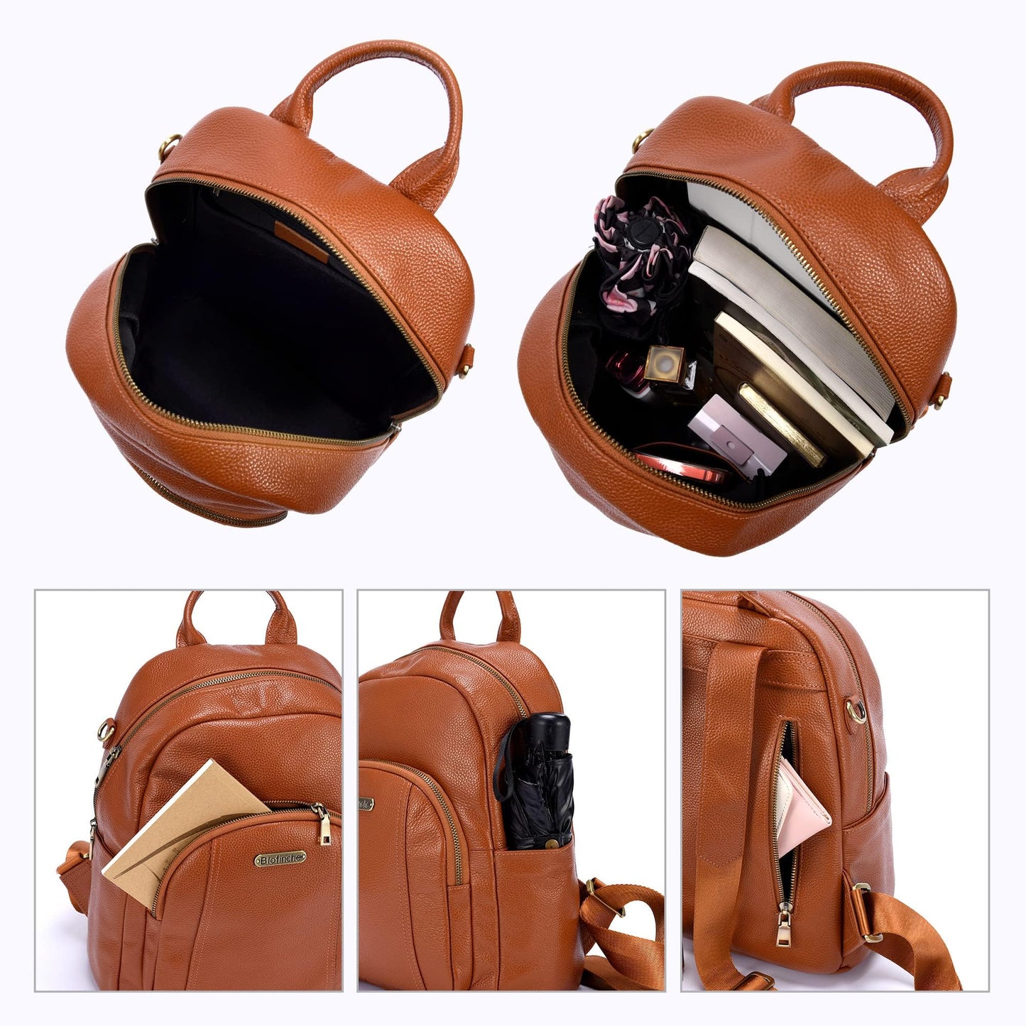 Blofinche Women's Genuine Leather Backpack Purse, 12.9 Inch Laptop Backpack with Anti-Theft Pocket, Stylish Leather Bag for Work & College, Fashion Brown
