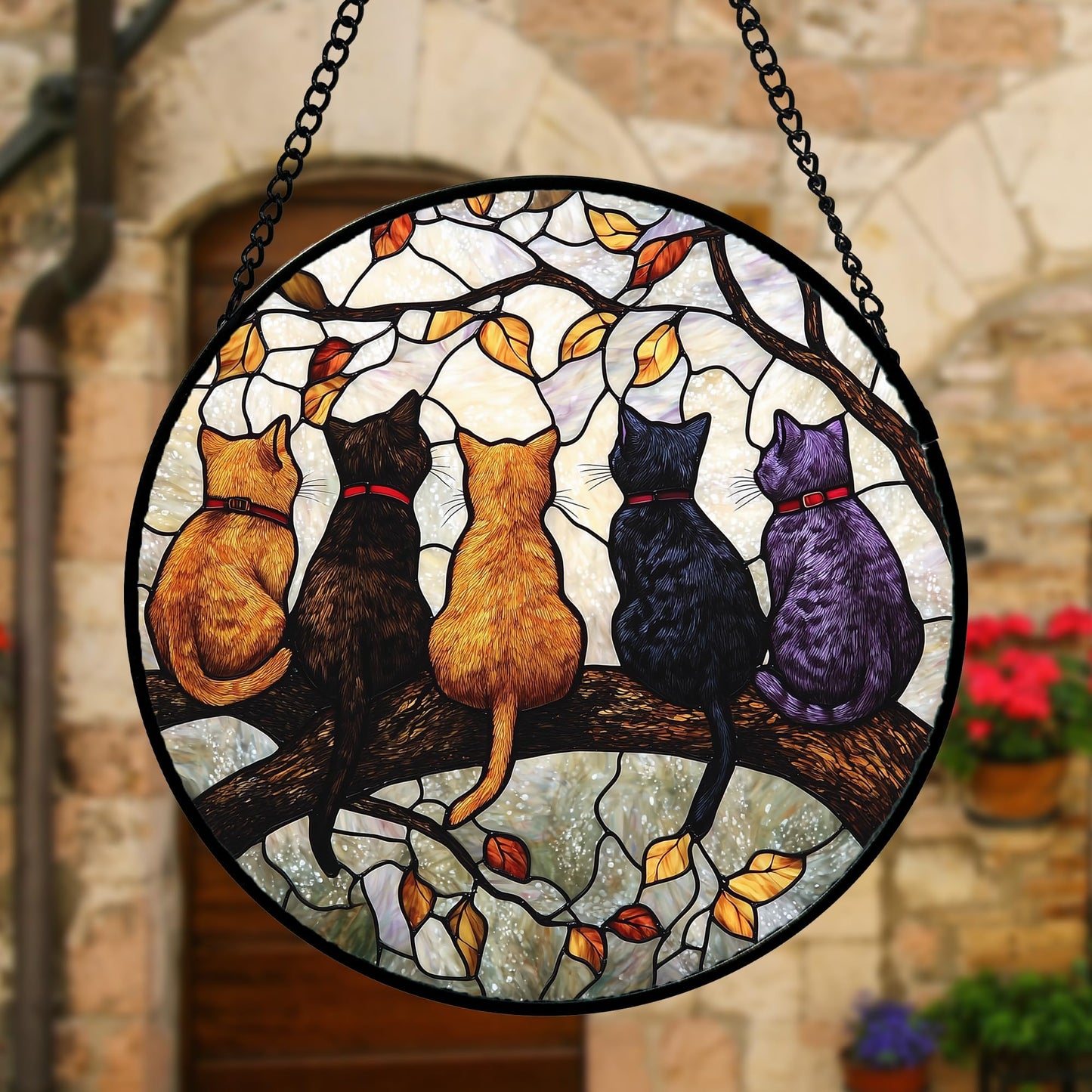 DASTOLL Stained Glass Window Hanging - 5 Cats on a Branch Suncatcher for Window Doors Home Decoration and Christmas, Mother's Day Father's Day Birthday Gifts for Women, Men, and Mom 7.8x7.8 in