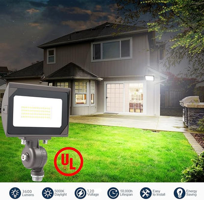 30W Outdoor LED Flood Light With 1/2" Knuckle Mount (Plate Included), 5000K Daylight 3600LM 120V, UL Waterproof LED Security FLood Lighting for Wall Wash /Sign/Flagpole/Tree/Yards/Advertising Boards