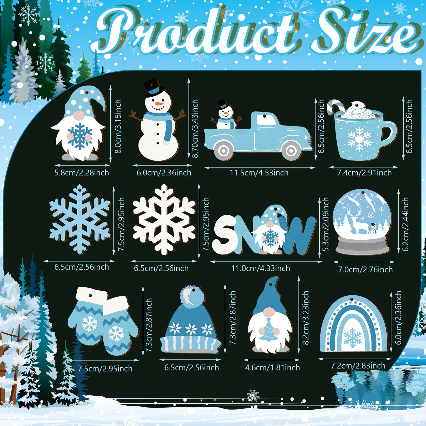 Chunful 36 Pieces Winter Frost Wood Ornaments Ice Bear Cedar Snowflake Glove Truck Hello Winter Ornaments Mini Welcome Christmas Tree Hanging Sign Decorations