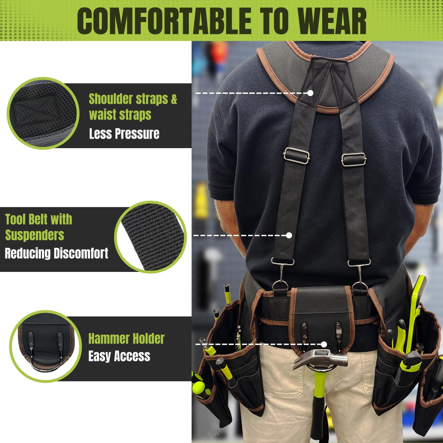 Tool Belt for Men, 32 to 66 Inches Adjustable Waist, Electrician and Carpenter Tool Belt with Suspenders for Construction and Gardening, Black and Brown, Oxford Fabric
