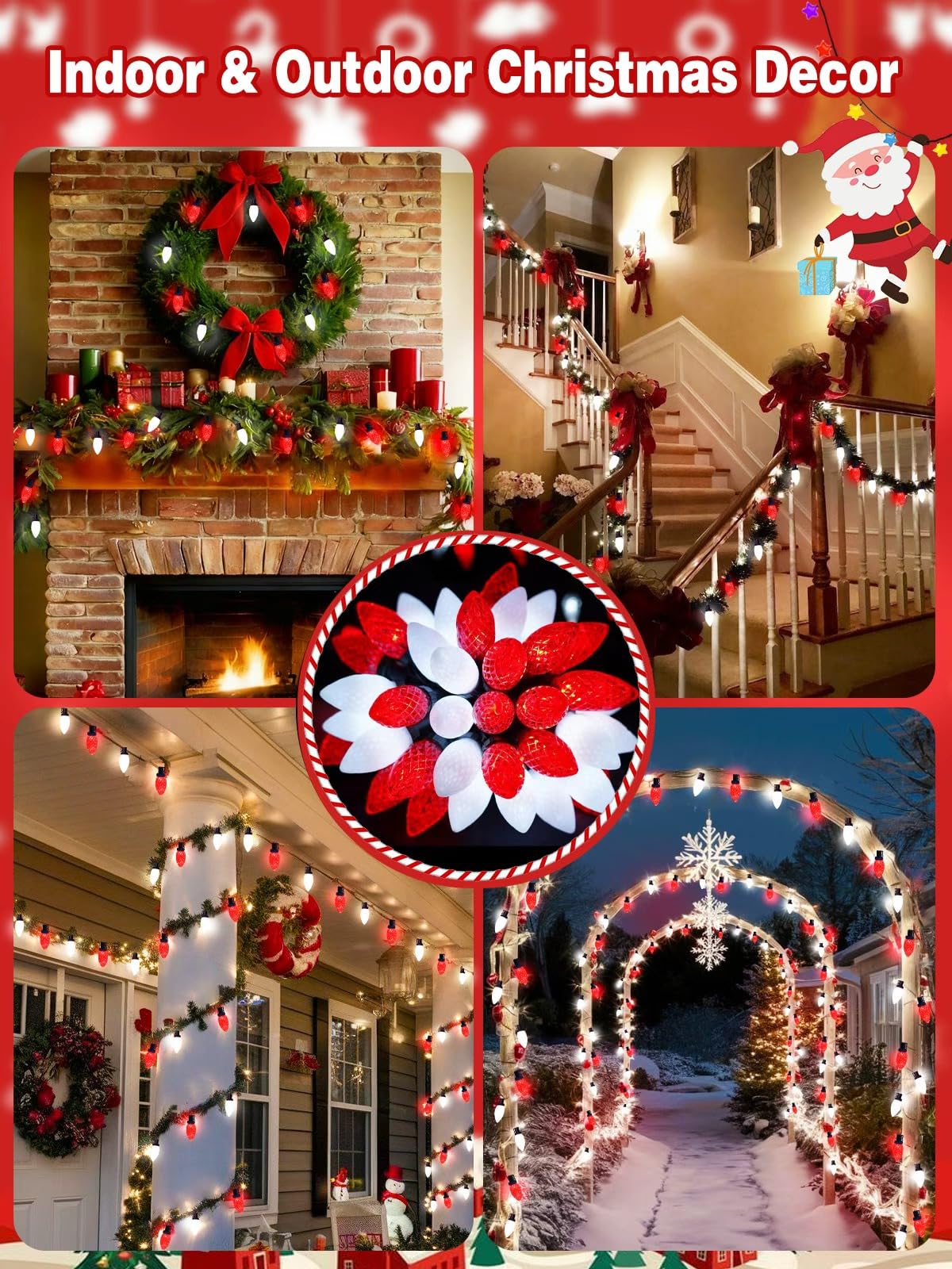 YIQU 2-Pack 66FT C9 Christmas String Lights Outdoor, 100LED Waterproof Green Wire Plug in Led Fairy String Lights for Xmas Tree Indoor Garden Patio Wedding Party Decoration (Red and White)