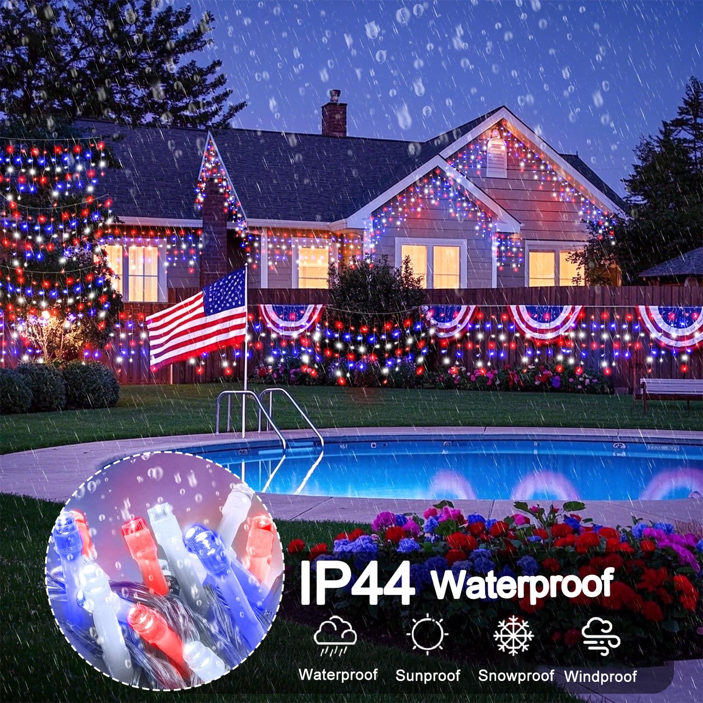 Red White and Blue Icicle Lights for Outside – 66ft 640LED Outdoor Waterproof Christmas Lights, 4th of July Decorations Independence Day Patriotic Lights with 120 Drops for House Roof Window Fence