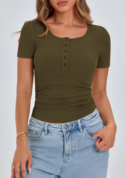 PRETTYGARDEN Women's 2025 Fall Summer Short Sleeve Tops Ribbed Henley Button Slim Fit Basic Casual T Shirts Blouse Clothing (Army Green,X-Small)