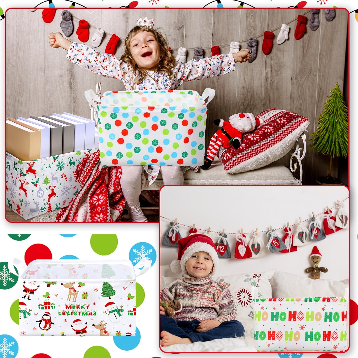 Maxcheck 6 Pcs Large Christmas Basket for Gifts Empty Foldable Xmas Gift Basket Rectangle Christmas Fabric Present Storage Boxes Bin Fabric Cubes Containers Boxes with Handles for Present Cloth Toy