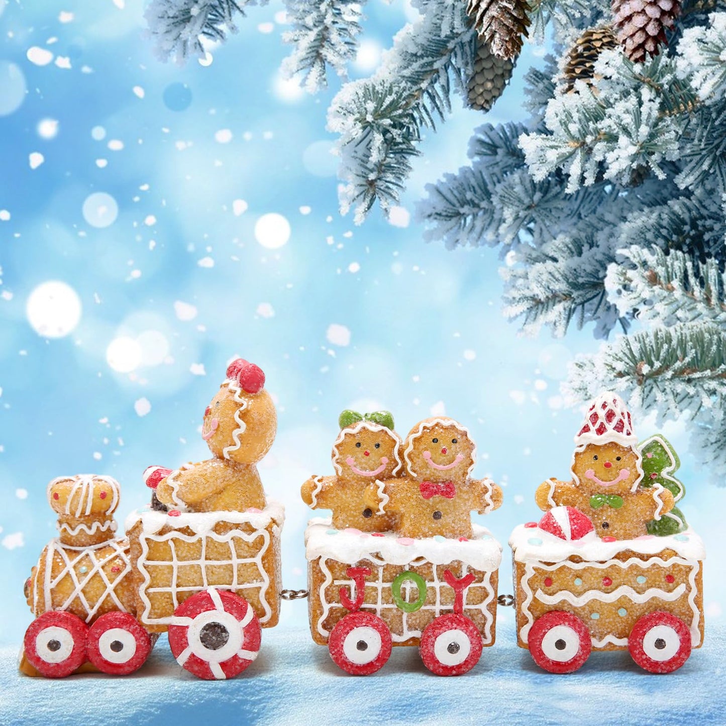 Hodao 9.25” Length Christmas Gingerbread Man Train Decorations Xmas Train Figurines Winter Decor Handmade Polyresin Gingerbread Man Figurine for Xmas Decor Gift - Christmas Party Home Decor