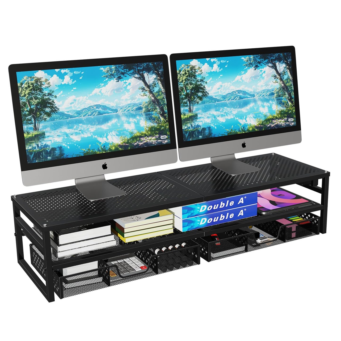 Simple Trending 2 Tier Metal Monitor Stand Riser with USB 2.0 and Charging Prot , Computer Office Desktop Organizer for 2 Monitors with 2 Drawer Storage and Reusable Cable Ties for Printer, TV, Black