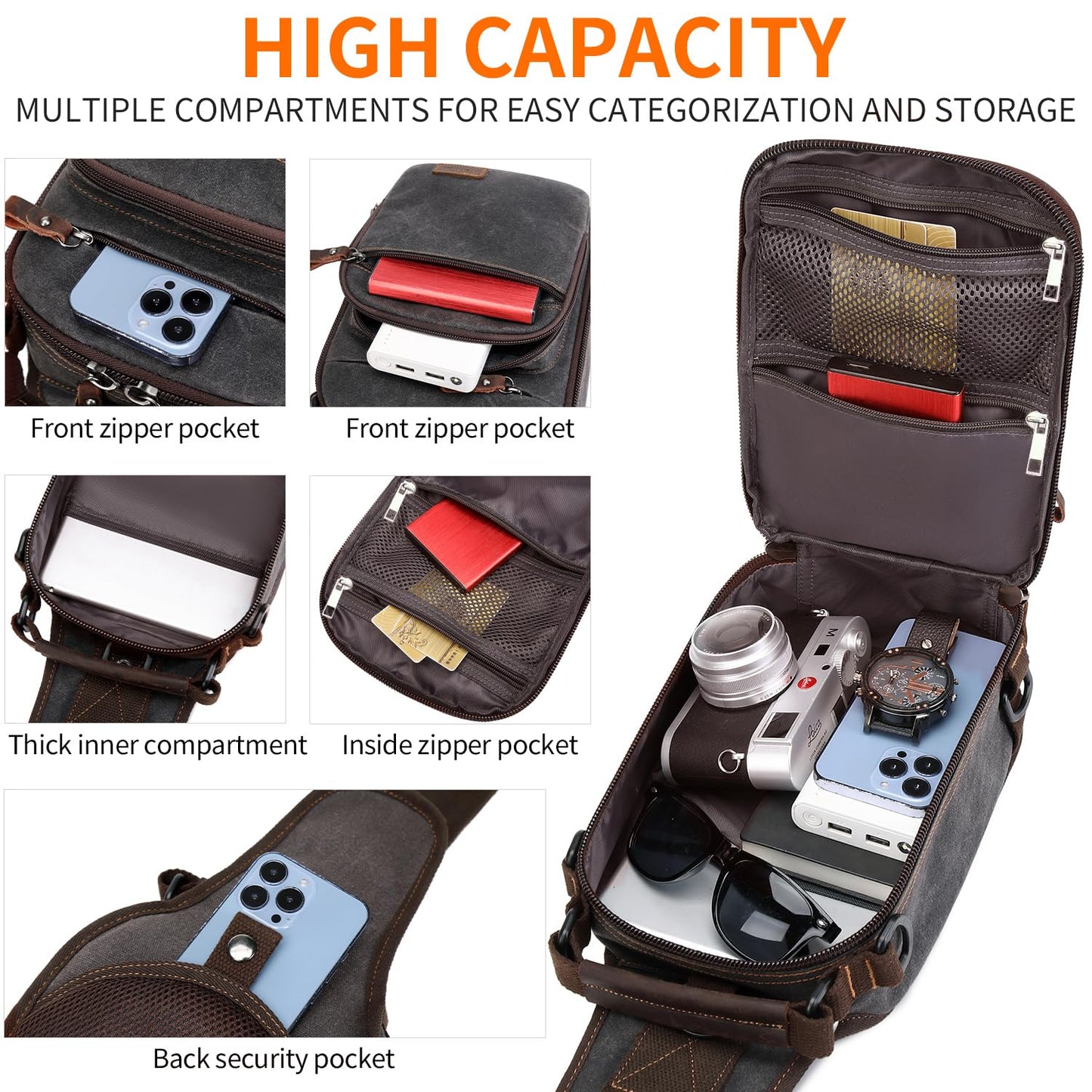 Nerlion Sling Bag for Men Waxed Canvas Crossbody Bag Chest Bag Shoulder Bag Casual Daypack for Travel (Gray)