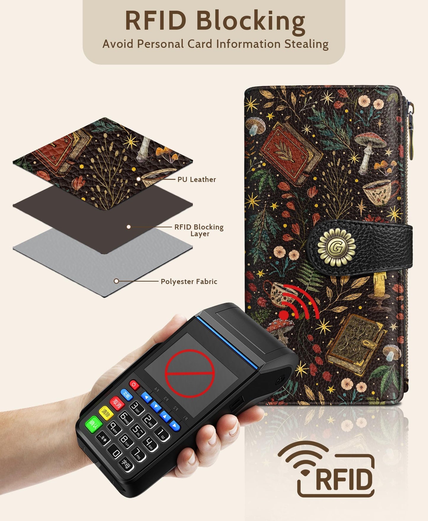 GIANCOMICS Book Mushroom Womens Wallet RFID Blocking, Credit Card Holder Bifold, PU Leather Travel Billfold, Long Cute Cash Purse, Zipper Coin Pocket Clutch, 11 Card Slots, Ladies Gift Woman