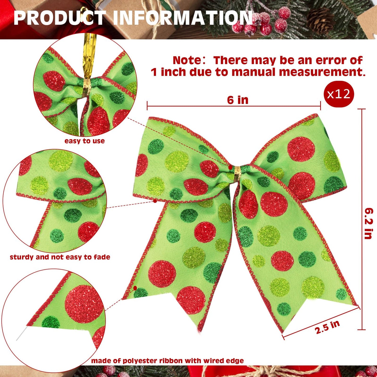 Wninbu 12 Pcs Red Green Christmas Bows,6 Inch Large Christmas Wreaths Bows for Tree Gift Wrapping Garland,Christmas Decoration Holiday Party Crafts Xmas Tree Ribbon Ornaments (Glitter dot-White)
