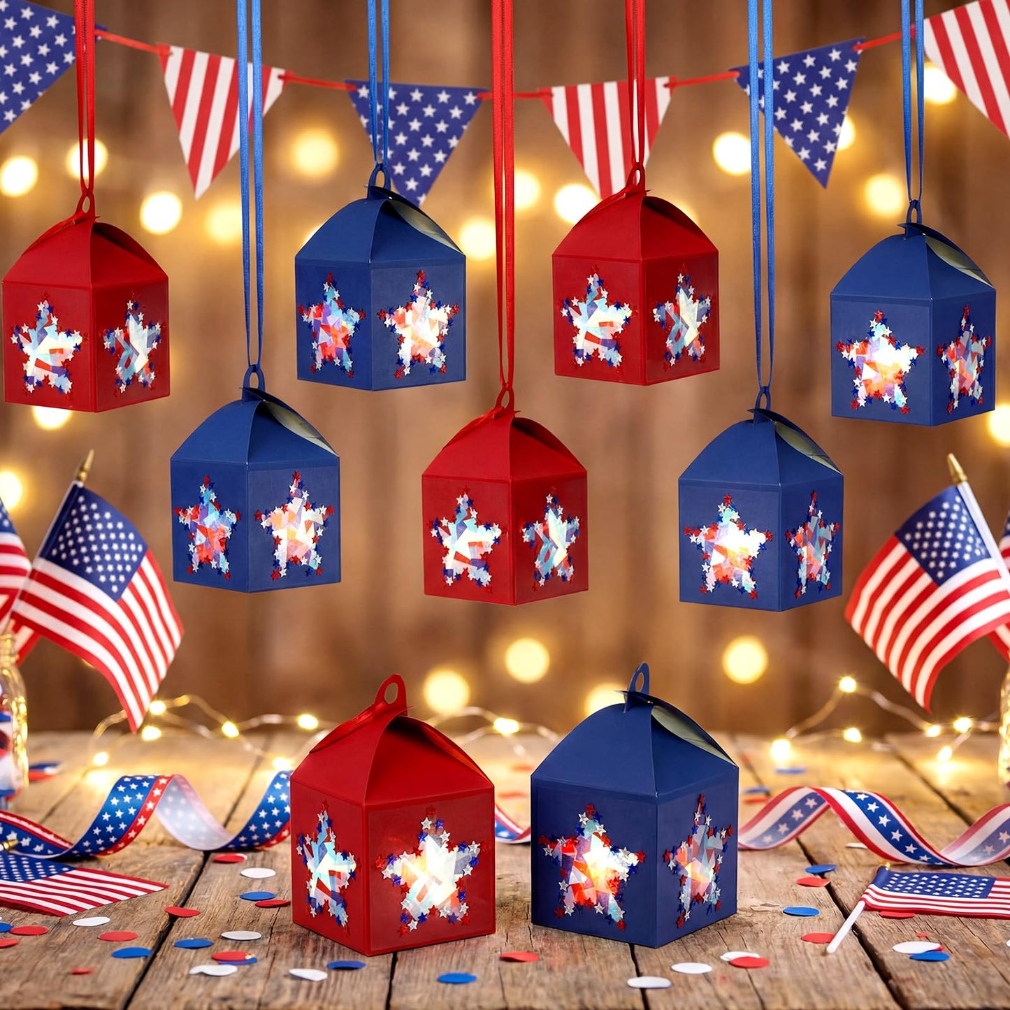 Maitys 16 Sets 4th of July Patriotic Hanging Paper Lantern Craft Kit, 250th Anniversary Red Blue DIY Lantern Ornaments with Stars Design for Independence Day Home Party Decorations