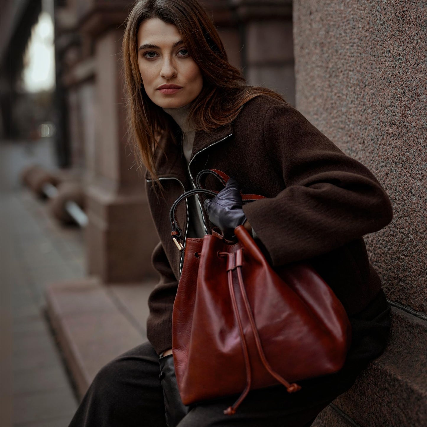 Time Resistance Leather Bucket Bag - Full-Grain Leather Handbag for Women - Italian Purse Shoulder Bag (Cognac Brown)