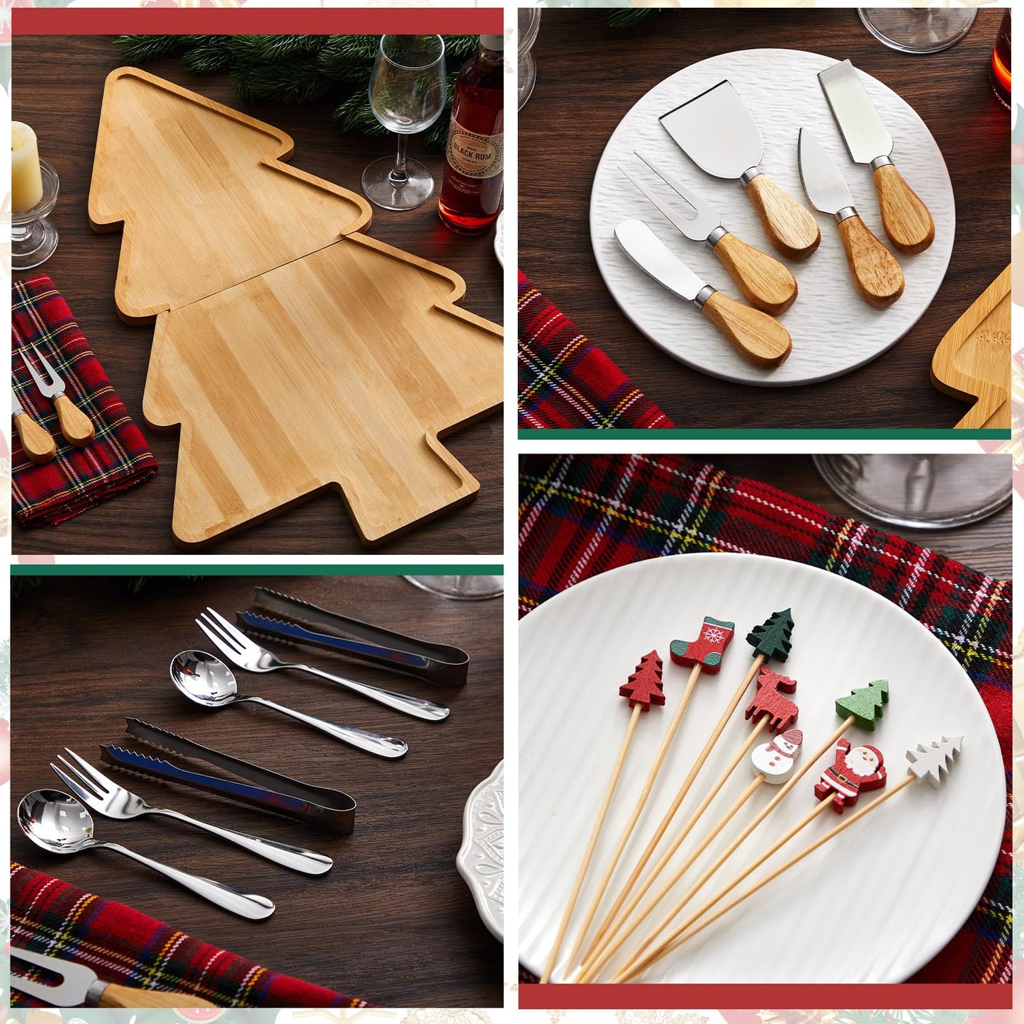 Liliful 76 Pcs Christmas Tree Charcuterie Board Accessories Set 24 x 16 Inch Large Wood Xmas Cutting Board with Cheese Knife Kitchen Gift Ideal Party Serving Platter Fruit Tray, Bamboo Color