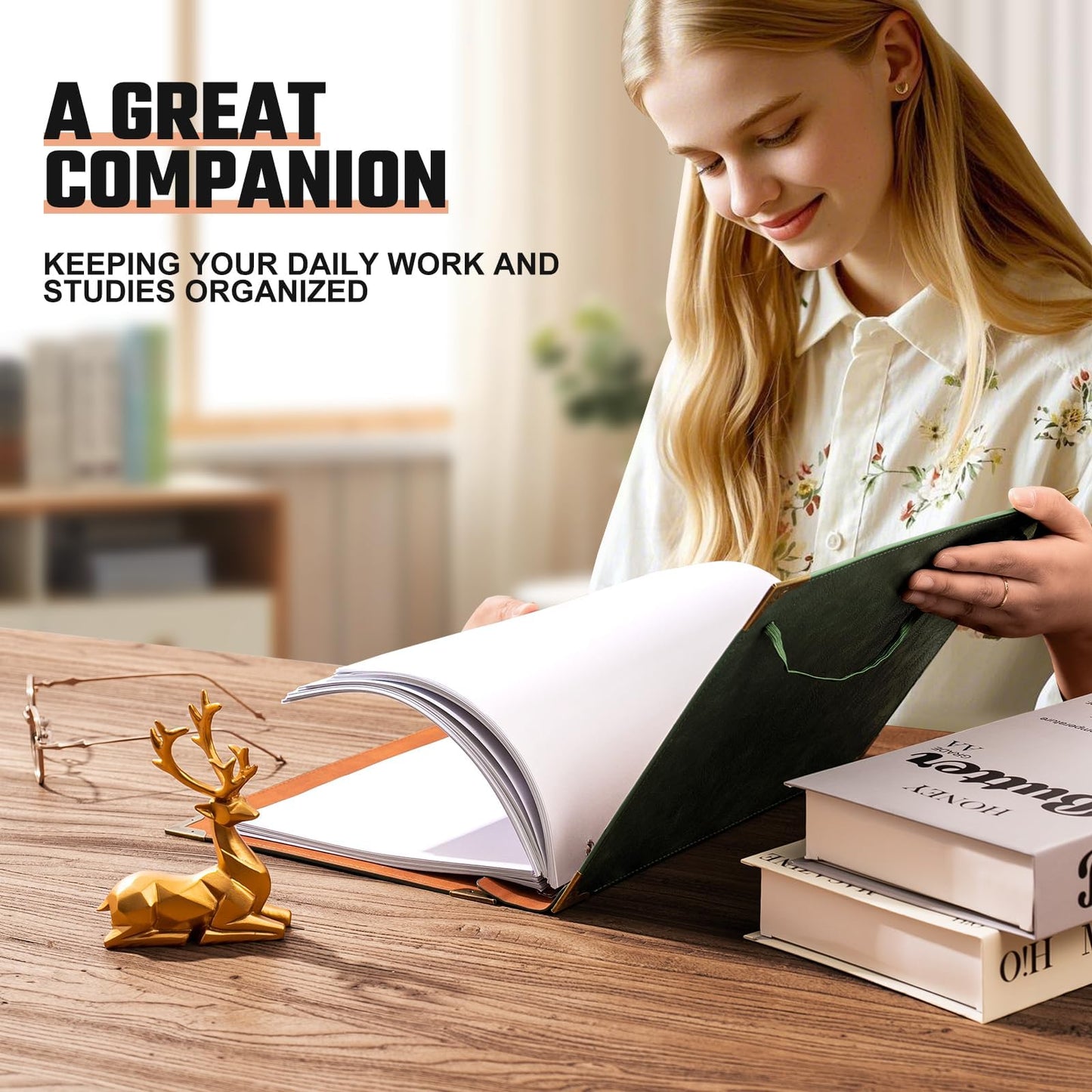Ovesmusl Leather 3 Ring Binder Fits 8.5"x11" Letter Size Paper, 1 Inch Round Ring Binder Holds 200 Sheets, Notebook Cover Loose Leaf Organizer, Green Tree