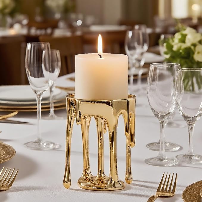 Decorative Candle Holders Set of 2 – Melting Drip Candle Stand for Pillar Candles – Sculptural Fireplace Decor, Gothic Table Centerpiece, Unique Home Accent(Gold, Set of 2)