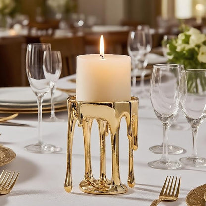 Decorative Candle Holders Set of 2 – Melting Drip Candle Stand for Pillar Candles – Sculptural Fireplace Decor, Gothic Table Centerpiece, Unique Home Accent(Gold, Set of 2)